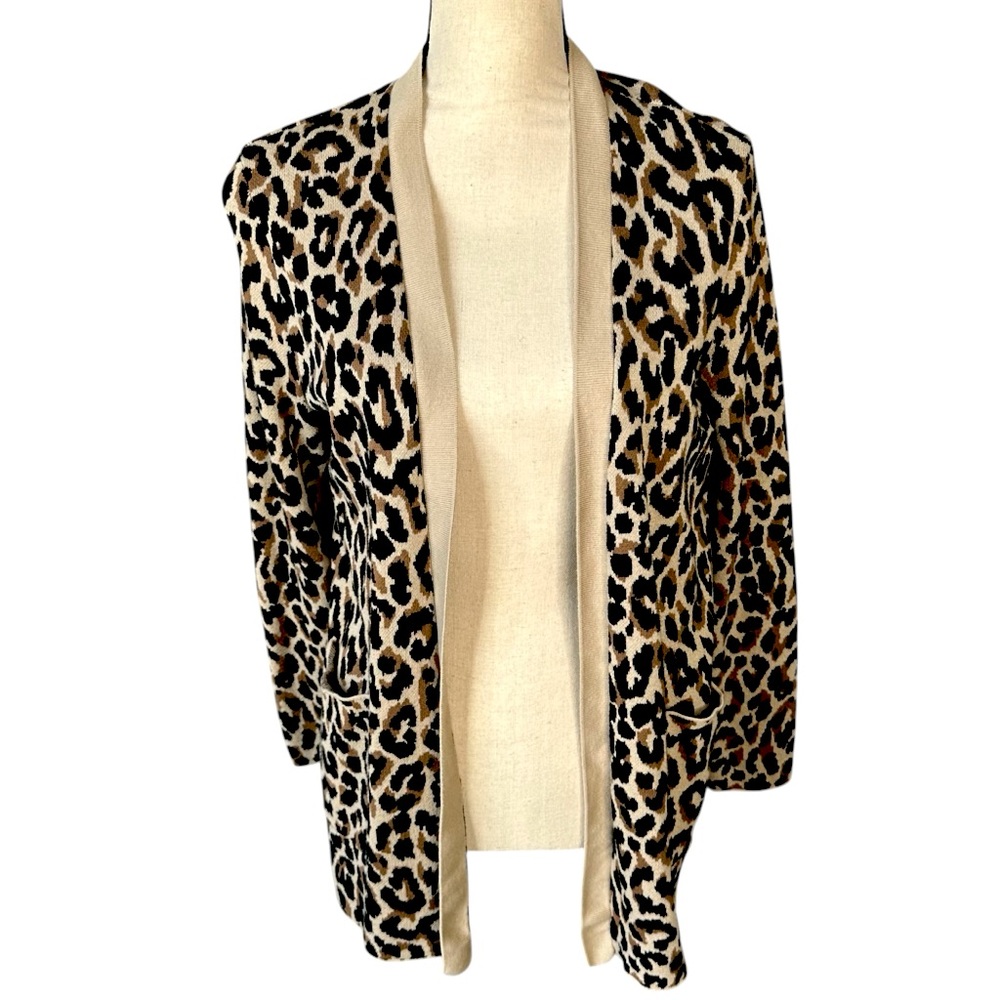 J. CREW Leopard Print Open Cardigan Sz Small Tan Black Brown Animal Print Y2K